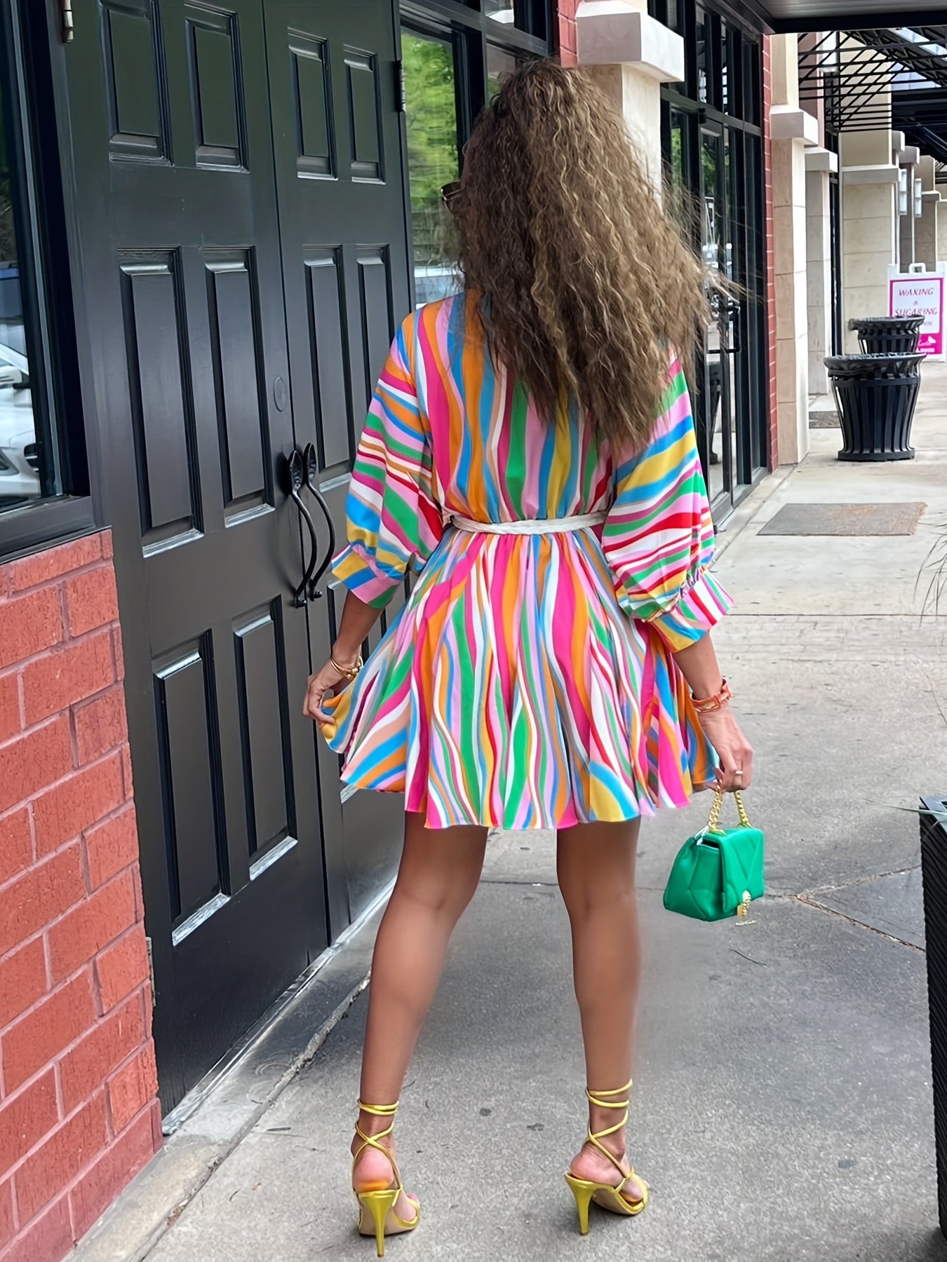 Colorful Striped V-Neck Dress with Belt - Casual A-Line, Long Sleeve, Machine Washable Polyester Blend - Vibrant Streetwear Style for Women